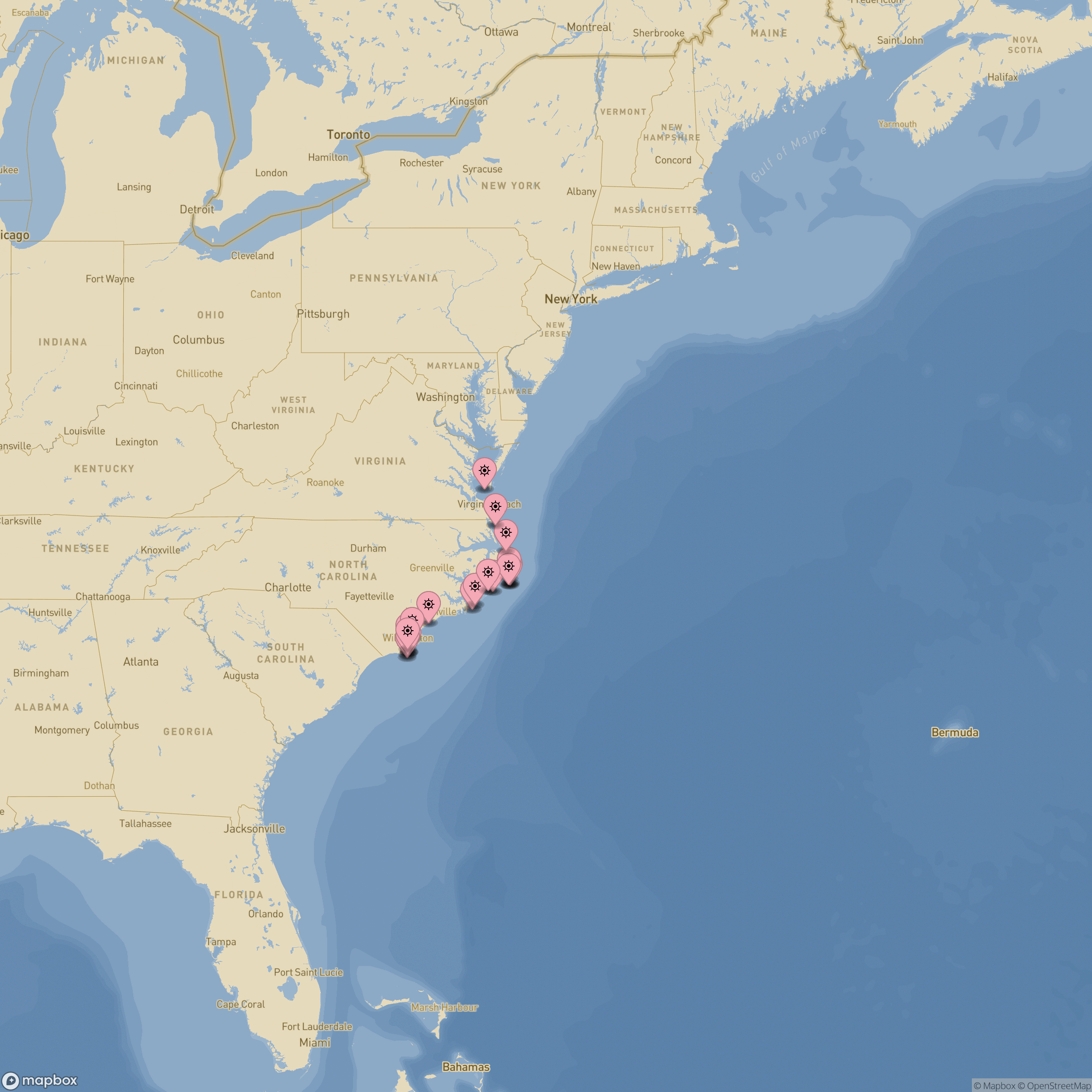 Map of shipwrecks in North Carolina