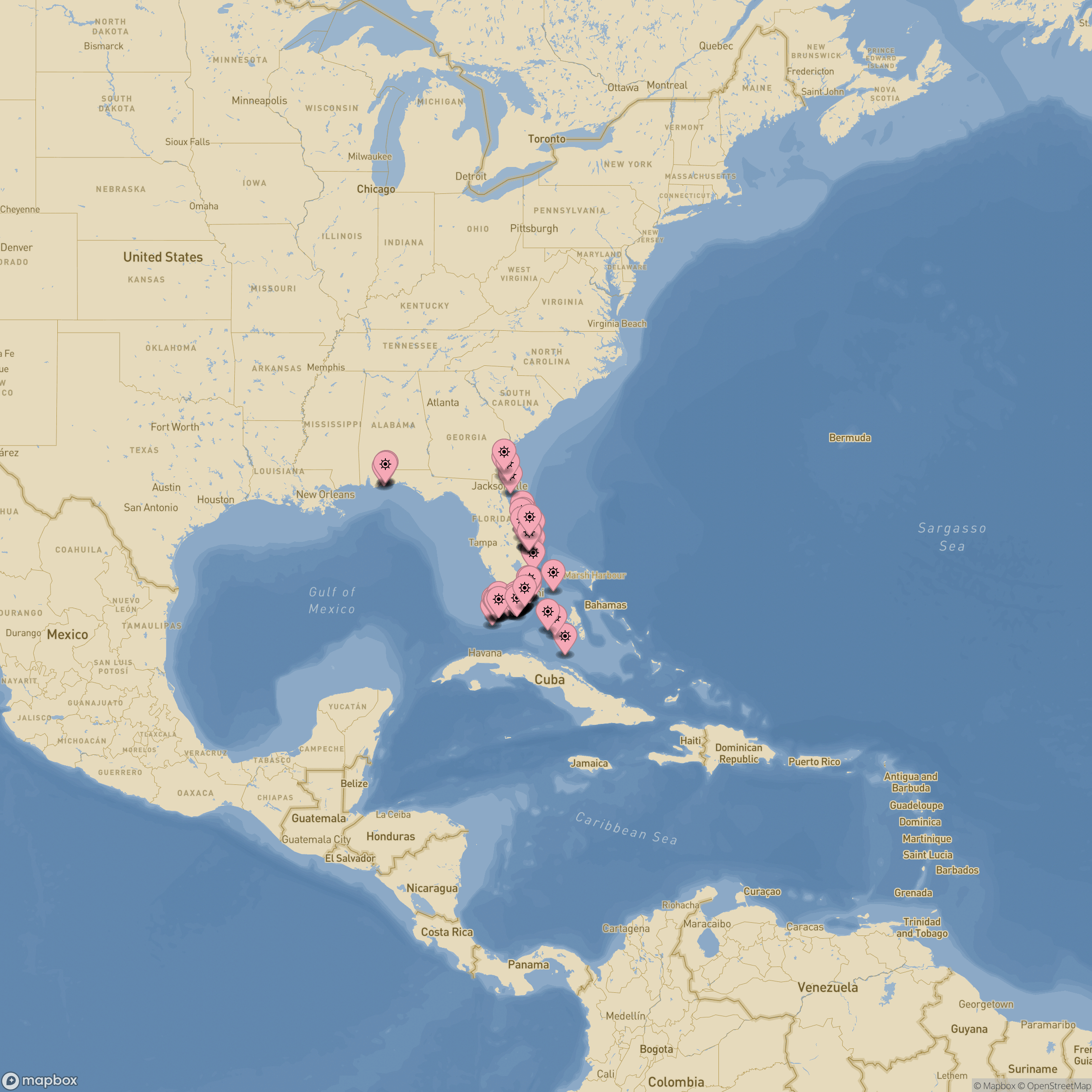 Map of shipwrecks in Florida