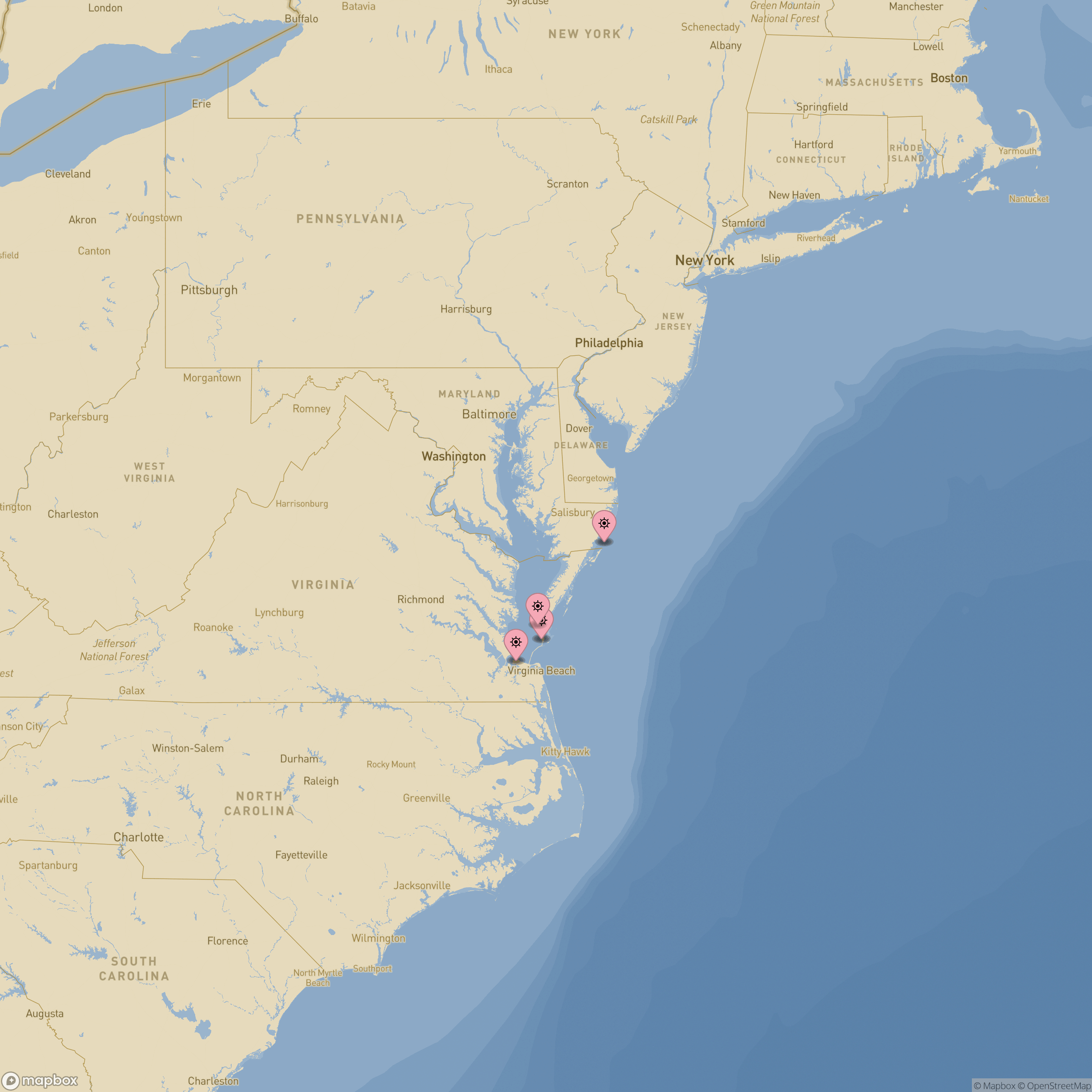 Map of shipwrecks in Virginia