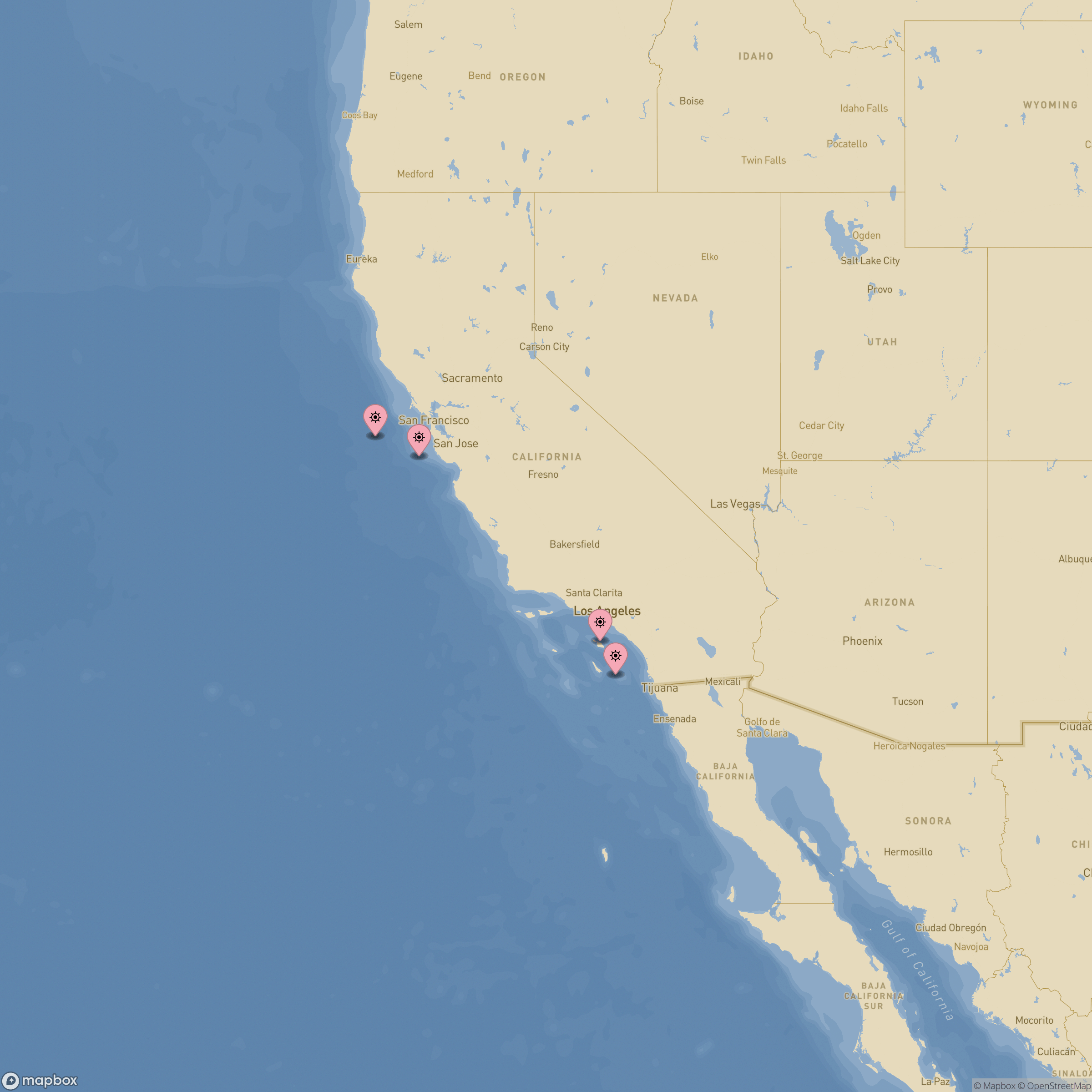 Map of shipwrecks in California