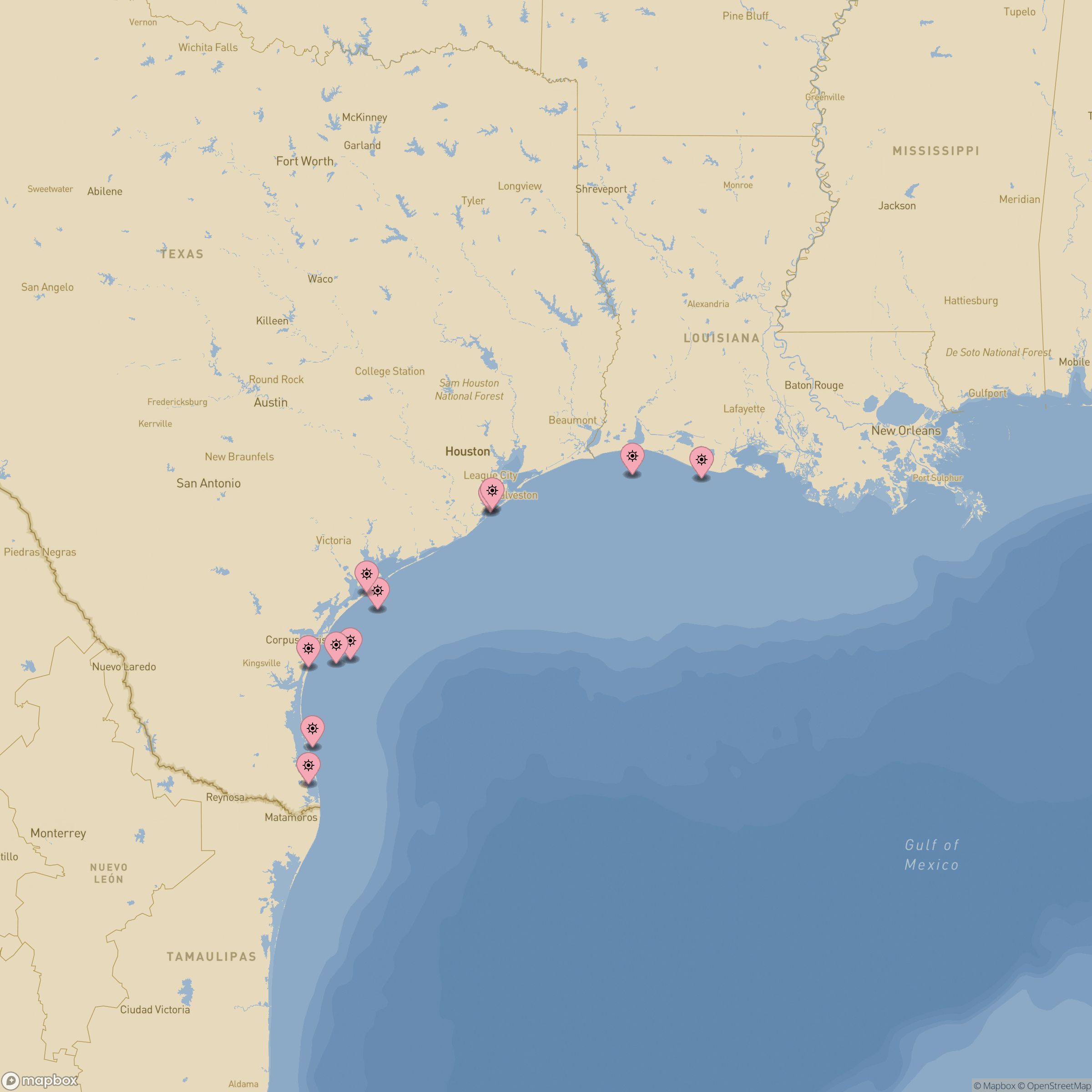 Map of shipwrecks in Texas